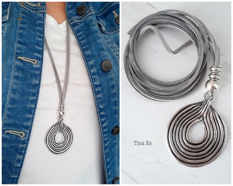 Long Leather jewelry Ring necklace Casual looks Boho style Silver Circle Neck Big Circle Pendant Gift for Her Women accessories