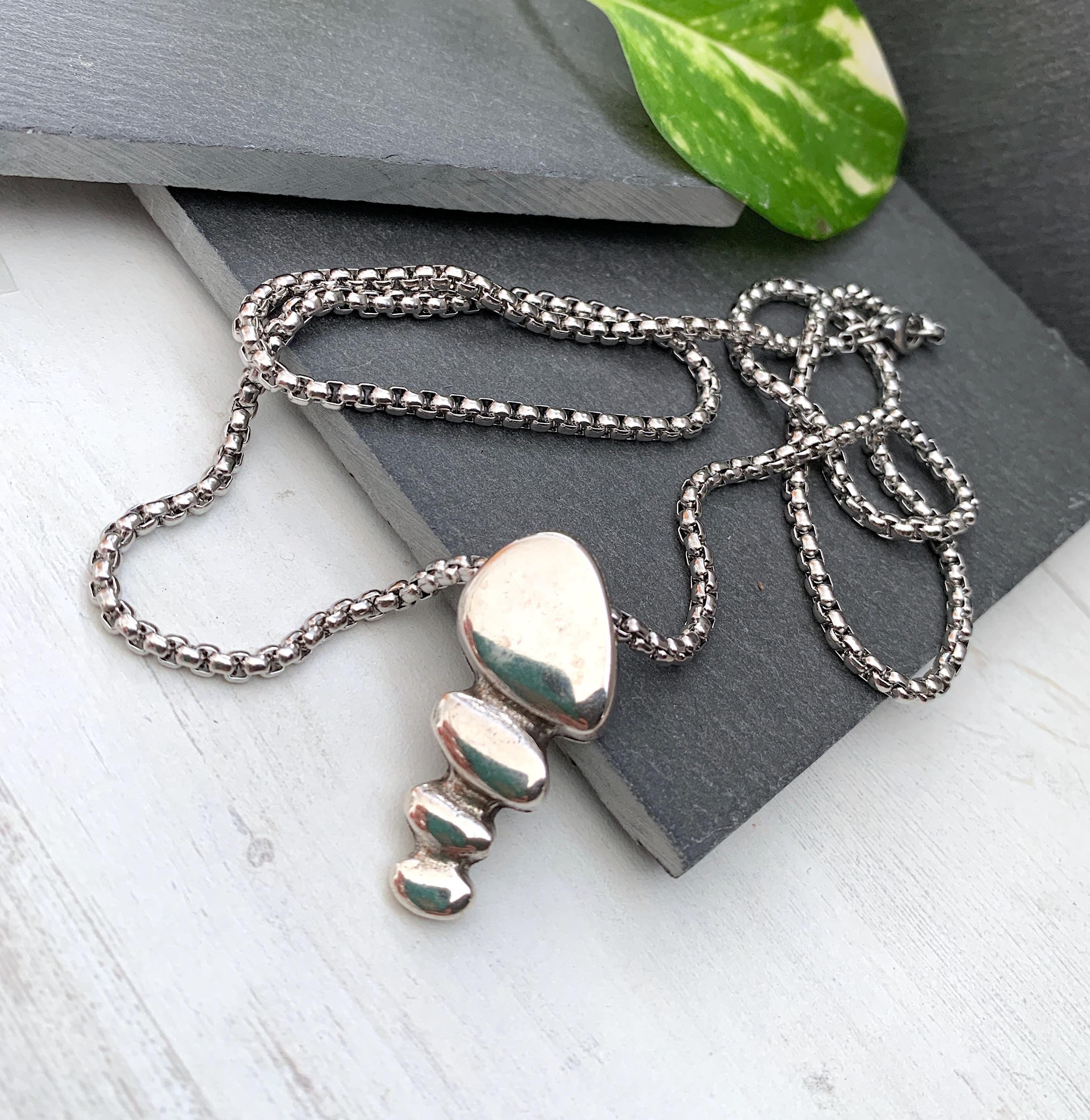 Long Chain Statement Necklace, Silver Pebble Pendant