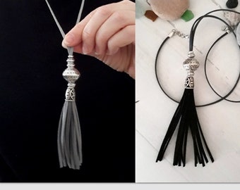 Tassel necklace, Boho, Silver ethnic pendant, Yoga, Trendy Urban style, Tribal, Gift for Her, Women's Extra long necklace, mother's day gift