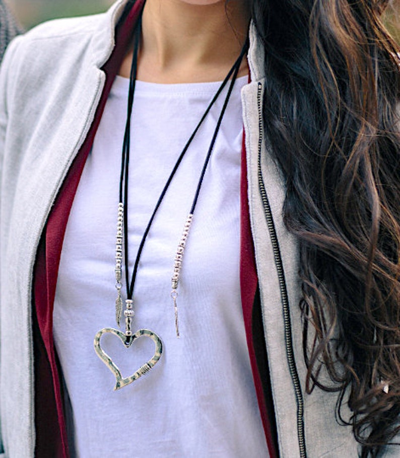 Heart choker for her, Girl's black choker, Vegan Necklace, Bohemian, Long Pendant Heart, Boho jewelry, Women's gift,Gift for girlfriend image 7