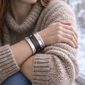 Bold cuff bracelet, Wide metallic band, Silver chain bracelet, Chunky wrist bracelet, Statement wrist piece, Leather strap jewelry,