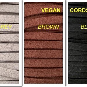 May include: Close-up of three spools of vegan cords in grey, brown, and black. The text "VEGAN CORDS" is printed above the spools.