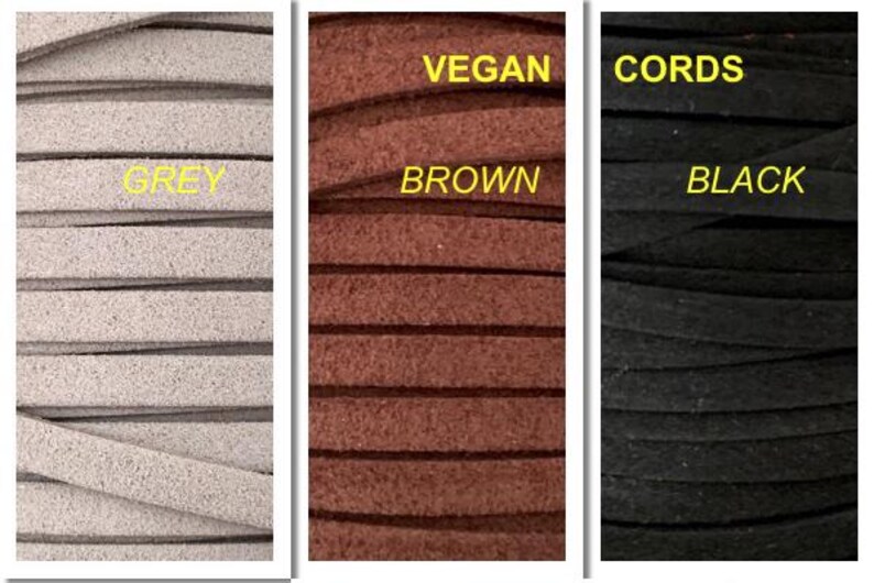 May include: Close-up of three spools of vegan cords in grey, brown, and black. The text "VEGAN CORDS" is printed above the spools.