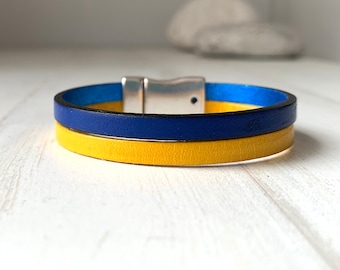 Ukraine support bracelets, Stand with Ukraine, Ukrainian flag leather bracelet, I donate the profit to the Ukrainians, Silver leather cuff