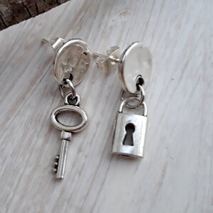 Stud earrings Mismatched earrings Women jewelry Boho style Key lock charms Earrings push back simple minimalist image 8