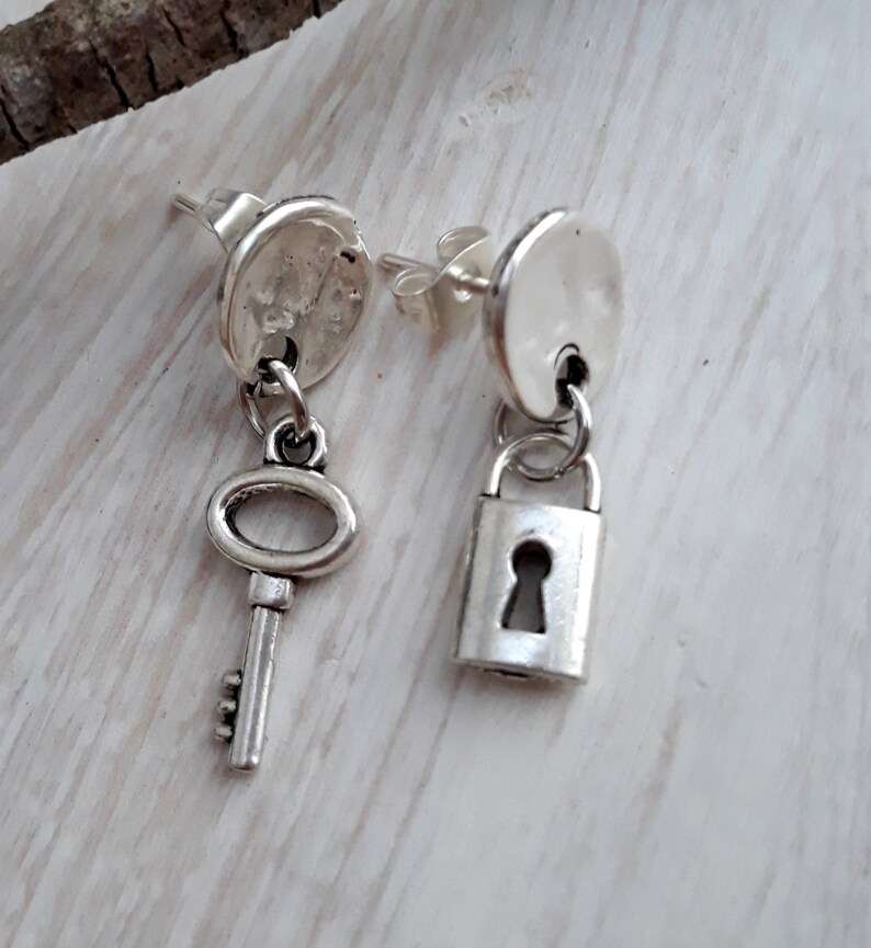 Stud earrings Mismatched earrings Women jewelry Boho style Key lock charms Earrings push back simple minimalist image 8