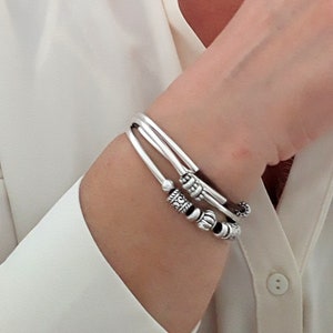 Silver wrap bracelet for women, Wrap bracelet, Double-strand leather cord, Silver beaded bracelet, Bracelet For Everyday, Mother&#39;s day gift