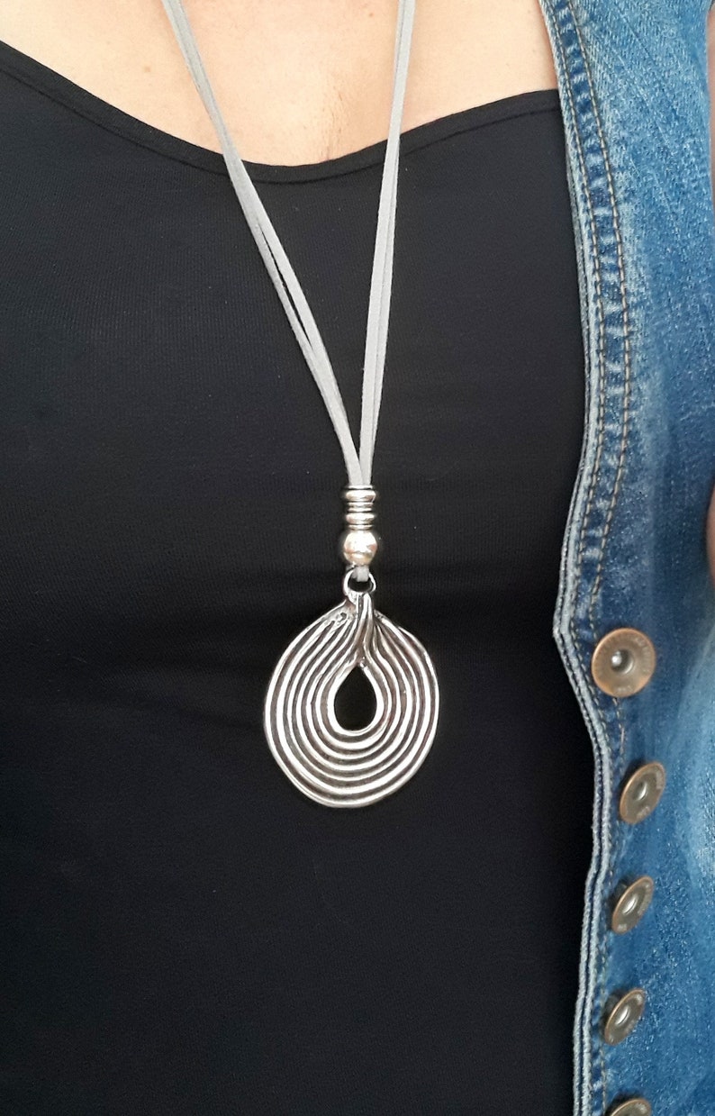 Long Leather jewelry Ring necklace Casual looks Boho style Silver Circle Neck Big Circle Pendant Gift for Her Women accessories