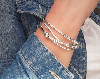 Silver wrap boho bracelet, Wrap bracelet, Leather Layering Bracelet for women, Silver beaded wrap bracelet,  Bracelet For Everyday