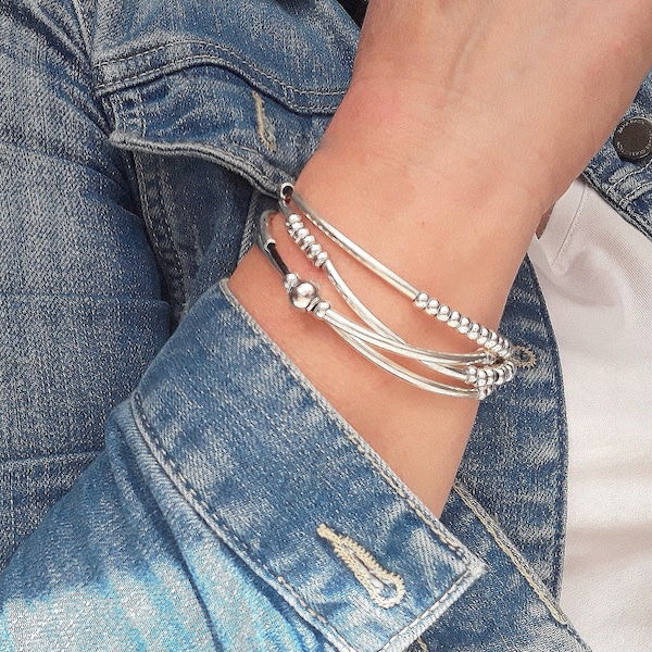 Silber Wickelarmband, Wickelarmband, Leder Layering Armband für Frauen, Silber Perlen Wickelarmband, Armband für jeden Tag