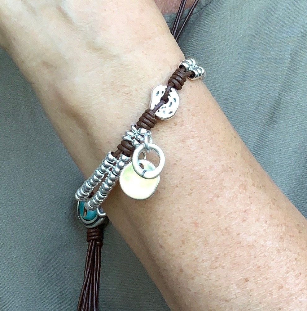 Silver bracelet for women Leather layered bracelet Boho style | Etsy