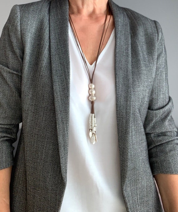 Long Leather necklace for women, Gift for Her, Silver beaded tassel necklace, Mother's day idea, Boho style,  handmade necklace