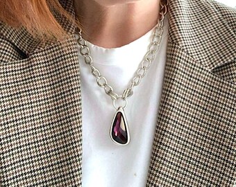 Silver Chain Necklace With Crystal Pendant for Women, Chunky Bold