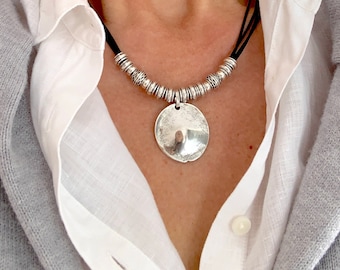 Silver Ethnic necklace for women, Gift for her, Silver boho beaded necklace, Mothers day gift, Bohemian jewelry, Leather jewelry for women