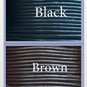 May include: Close-up of two spools of leather cord. The top spool is black and the bottom spool is brown. The word "Black" is printed above the top spool and the word "Brown" is printed above the bottom spool.