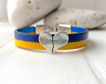Ukraine support bracelets, Stand with Ukraine, Ukrainian flag leather bracelet, I donate the profit to the Ukrainians, Silver heart bracelet