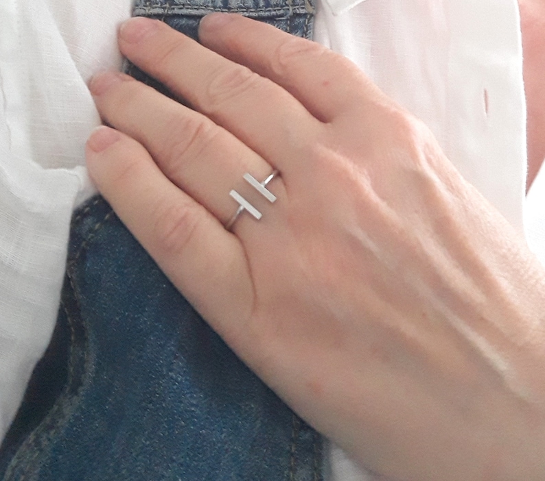 Gift for Her Geometric finger ring Wrap Statement Ring Enhanced plating Silver Asymmetrical Bar Stick Ring Silver Adjustable ring
