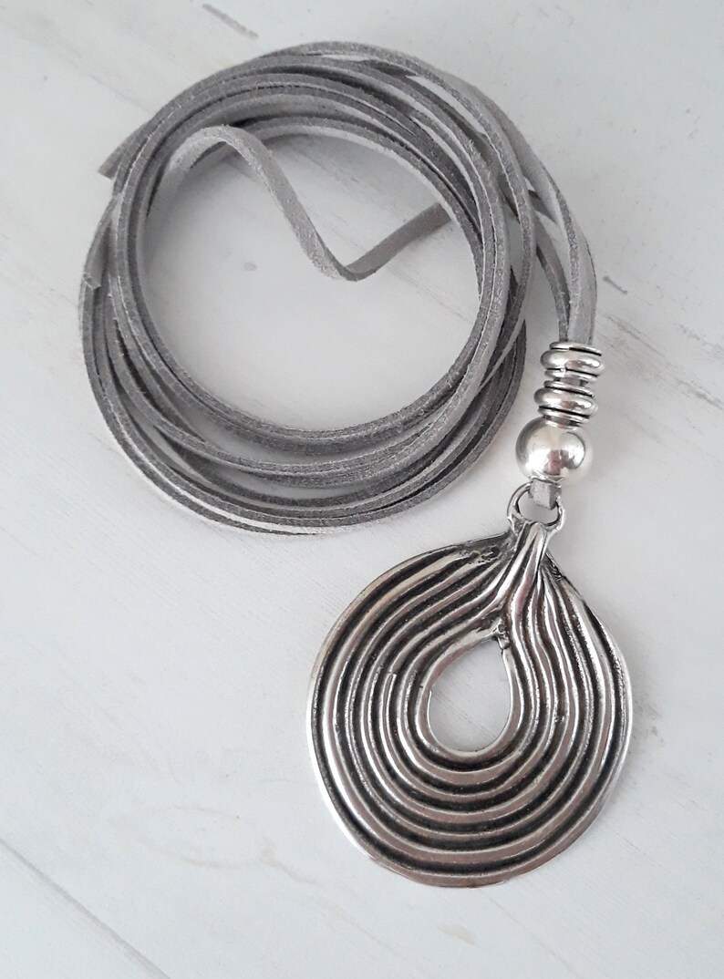 Long Leather jewelry Ring necklace Casual looks Boho style Silver Circle Neck Big Circle Pendant Gift for Her Women accessories