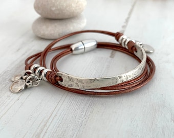 Wrap leather Bracelet, Tube striking bracelet, Silver Bracelet, Womens attractive gift jewelry, Boho Hippie Cuff Layered Bangle GIft for her