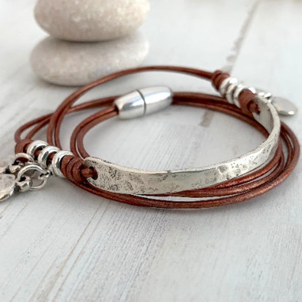 Bracelet en cuir enveloppant, bracelet tube, bracelet en argent, bijoux cadeau attrayants pour femme, bracelet jonc en couches bohème hippie, cadeau pour