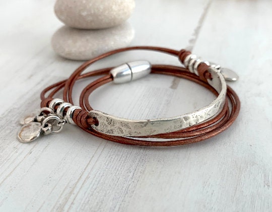 Wrap leather Bracelet, Tube striking bracelet, Silver Bracelet, Womens attractive gift jewelry, Boho Hippie Cuff Layered Bangle GIft for