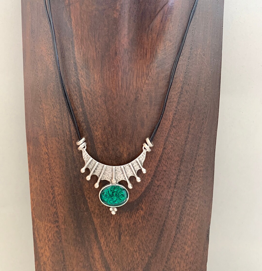 Emerald Green Crystal Necklace, Leather Necklace, Silver Ethnic Choker