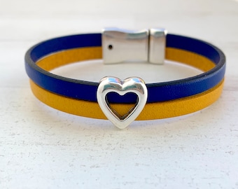 Ukraine support bracelets, Stand with Ukraine, Ukrainian flag leather bracelet, I donate the profit to the Ukrainians, Silver heart bracelet