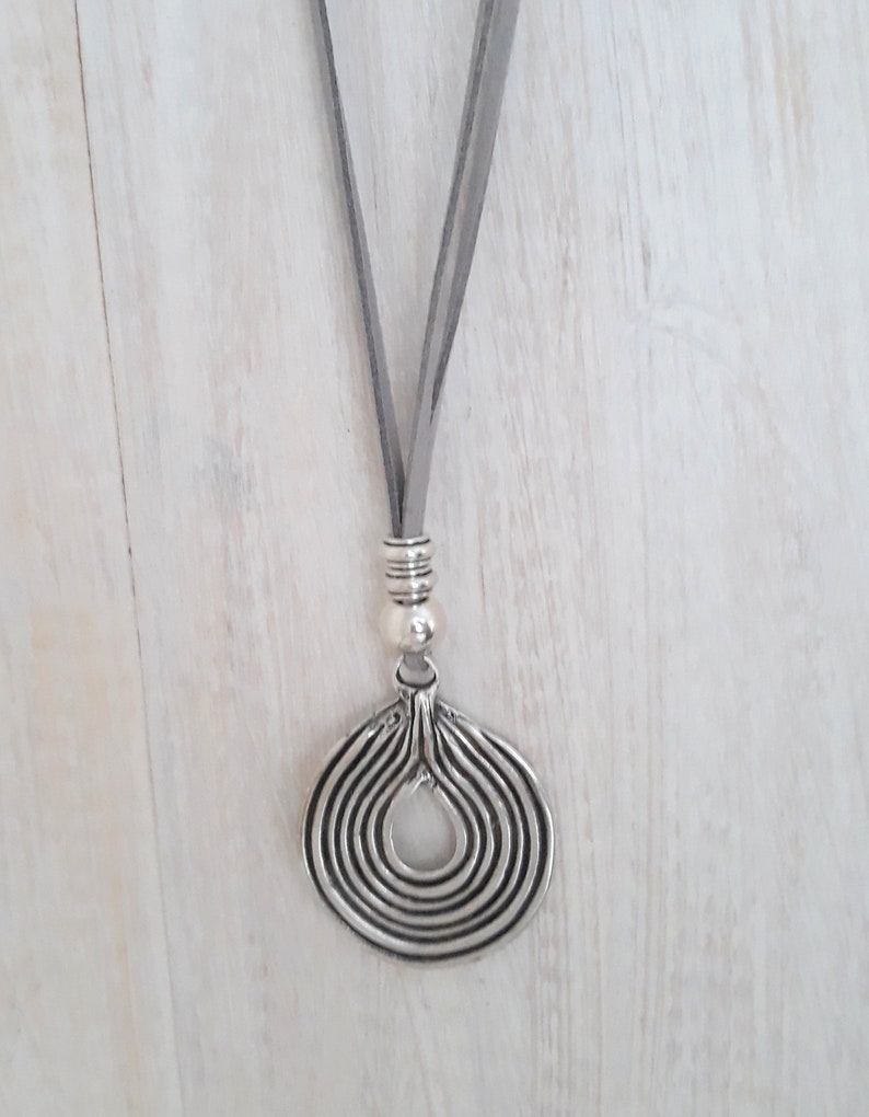 Long Leather jewelry Ring necklace Casual looks Boho style Silver Circle Neck Big Circle Pendant Gift for Her Women accessories