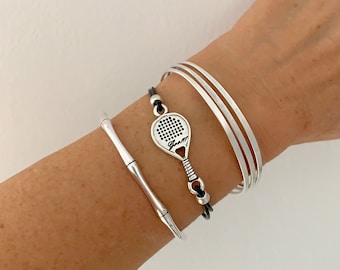 Tennis Bracelet, Silver Padel Racket Bracelet, Leather Bracelet