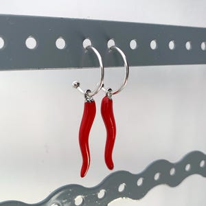 Può includere: Un paio di orecchini a cerchio d'argento con ciondoli a forma di peperoncino rosso. Gli orecchini sono appesi a un espositore grigio.