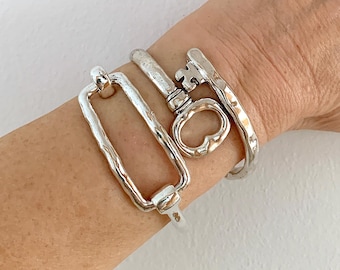 Padlock Cuff Bangle: Wide Stainless Steel Bracelet With Heart Lock