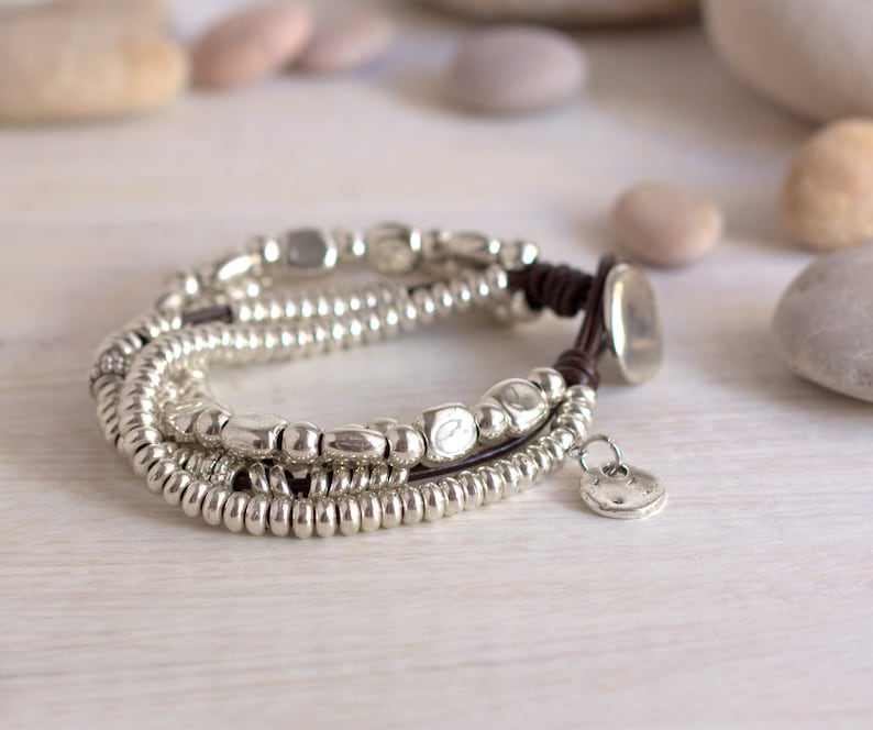 Silver Bracelet for Women Leather Layered Bracelet Boho Style - Etsy