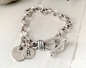 Bracelet personnalisé, gros bracelet tendance pour femme, bracelet chaîne lettre initiale personnalisée avec chaîne robuste à fermoir à bascule, cadeau pour elle