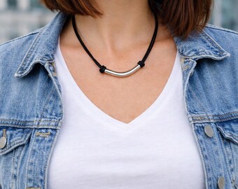 Leather сhoker necklace, Silver Tube, Jewelry for women, Tube silver necklace