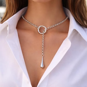 Silver Drop Lariat Choker, Silver-Plated Chain Necklace, Everyday casual jewelry for her