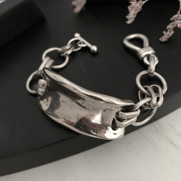 Large Rings bracelet with toggle clasp, Silver chain bracelet, Bangle Chain Link Bracelet for women, Boho Silver Bracelet, mother's day gift