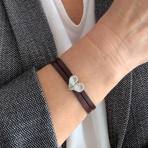 Leather Wrapped Bracelets, Silver Heart bracelet for women, Genuine leather bracelet, Rustic Gift Boho Wrap Bracelet for her, Heart Jewelry