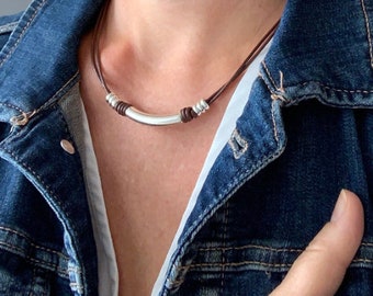 Silver Tube necklace, Leather Choker necklace, Leather jewelry for men / women, Boho jewelry, Gift for him, Birthday gift, Casual jewelry