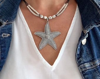 Collana con ciondolo a forma di stella marina, regalo per lei, collana grande a forma di stella marina in argento, gioielli da spiaggia in pelle boho, regalo da donna