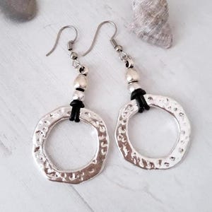 Big circle earrings, Silver Hook earrings, Wide circles earrings, Silver plated earrings, Leather Earrings, Boho, Gift For her Hippie