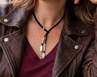 Gargantilla deslizante plateada: Collar bohemio de cordón vegano negro