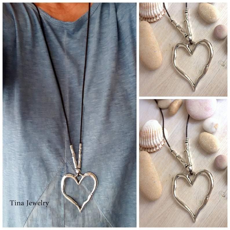 Heart necklace Long leather necklace Big silver heart pendant Etsy