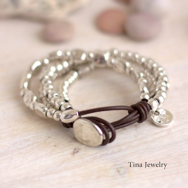 Wrap boho bracelet Leather wrap bracelet for her Beaded wrap bracelet Silver plated beaded bracelet Xmas gift idea Black Friday for women