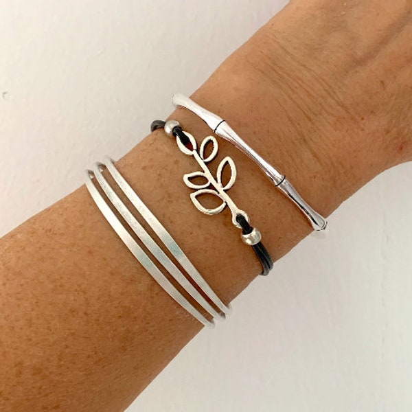 Sprig of Luck Bracelet, Silver bracelet, Skinny Leather Bracelet, Good luck bracelet, Unisex nature bracelet, happiness bracelet
