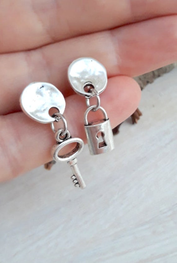 Stud earrings Mismatched earrings Women jewelry Boho style  Key lock charms Earrings push back simple minimalist