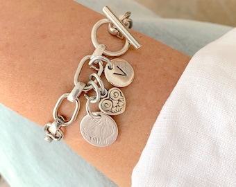 Bracelet chaîne pour femme, bracelet à breloques lettre initiale personnalisée, bracelet coeur personnalisé en argent, cadeau pour elle, idée cadeau fête des mères