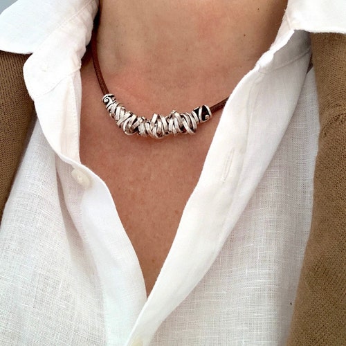 Silber Perlen Leder Bib Halskette: Boho Boho Schmuck