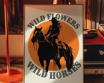 Impresión de vaquera del lejano oeste: caballos salvajes y flores (descarga digital)