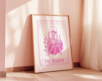 The Reader Tarot Card Pink Skeleton Print: Library Decor (Digital Download)