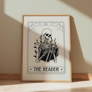 Impression de cartes de tarot The Reader, affiche parfaite pour la décoration de votre bibliothèque ou de votre coin lecture, excellent cadeau pour les amateurs de lecture, style simple squelette